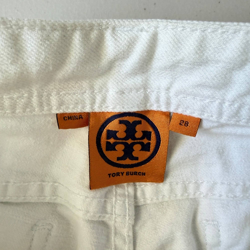 Tory Burch White Cropped Jeans‎ Embroidered Logo Back Pockets Size 28 - Picture 5 of 12